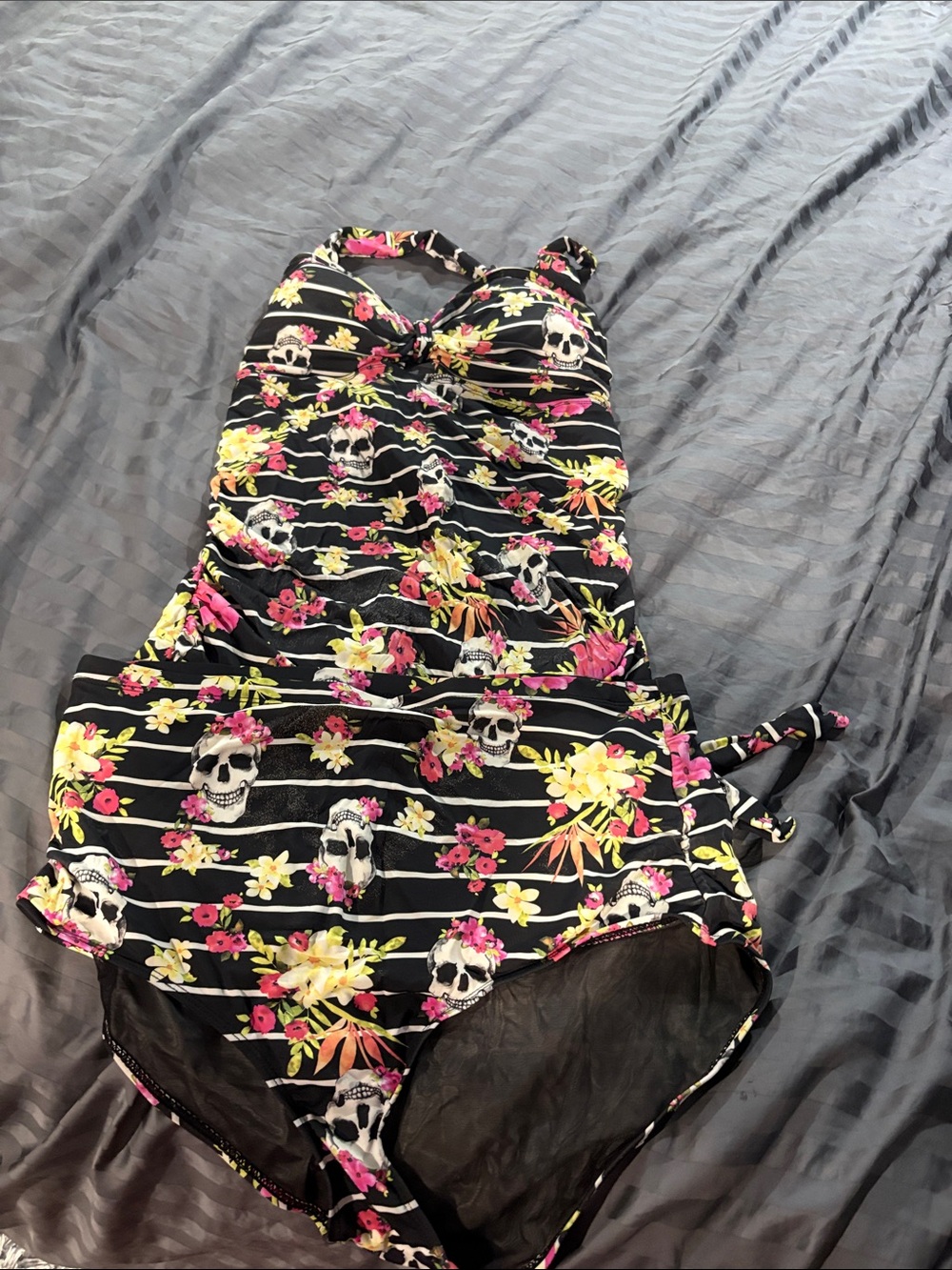 torrid Black Floral Skull One-Piece Swimsuit with Pink & Yellow Flowers